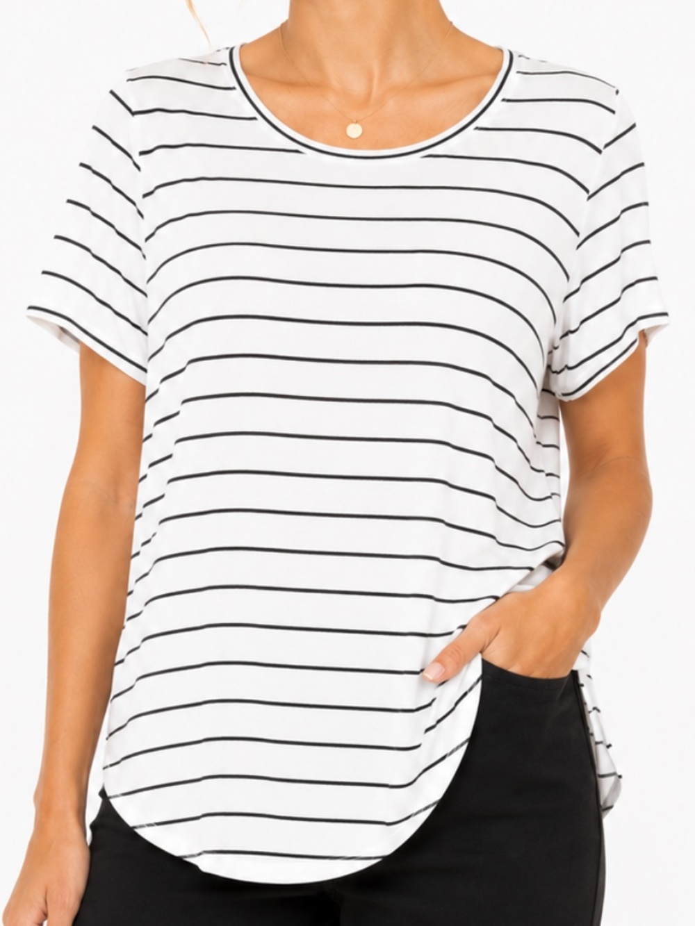 ANN TAYLOR Striped Crewneck Short Sleeve T-Shirt Top Off-white Black Sz MP EUC - Picture 3 of 11